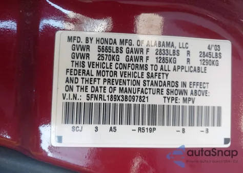 2003 Honda Odyssey Ex-L from USA, damaged, VIN 5FNRL189X3B097821